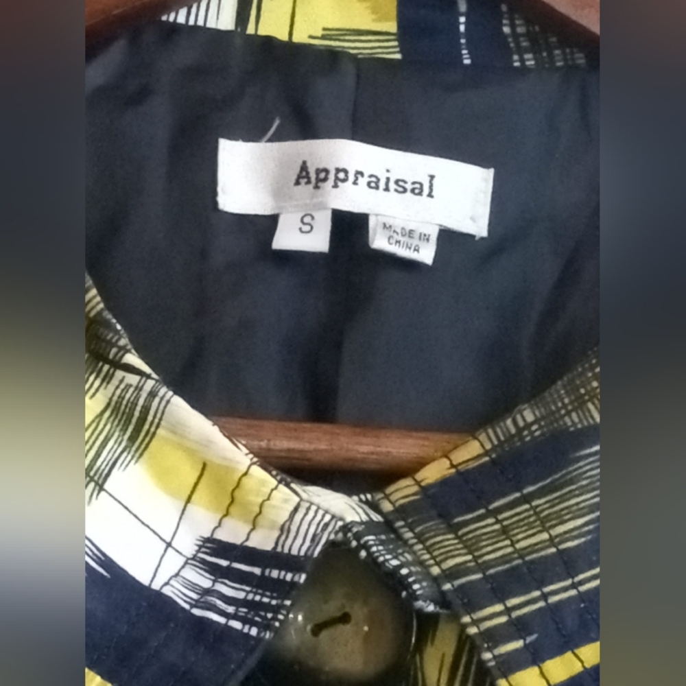 Appraisal Brushstroke Yellow Black White Short Trench Coat Mad Men Office Casual - Picture 5 of 10